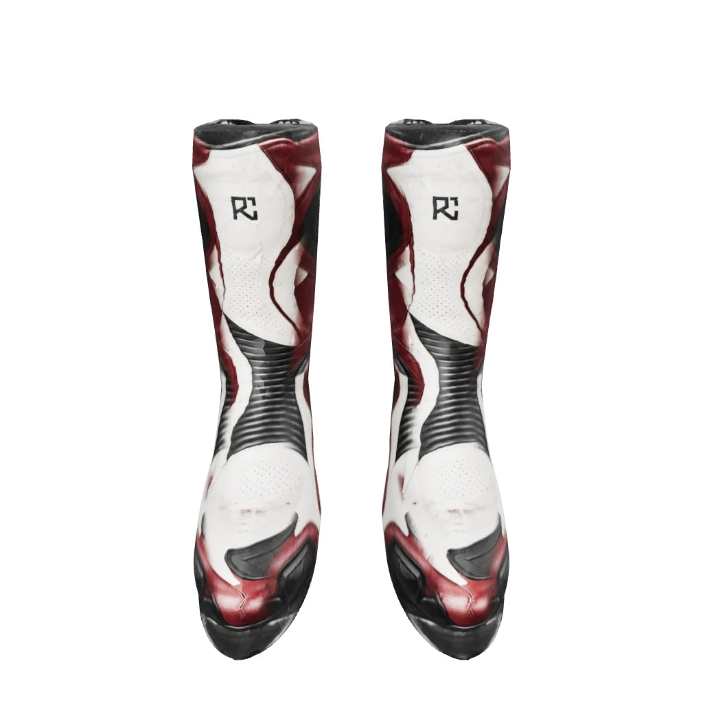 Riz Core Corsa motorcycle boots — improved approximate 3D design preview (v2), not a fit model