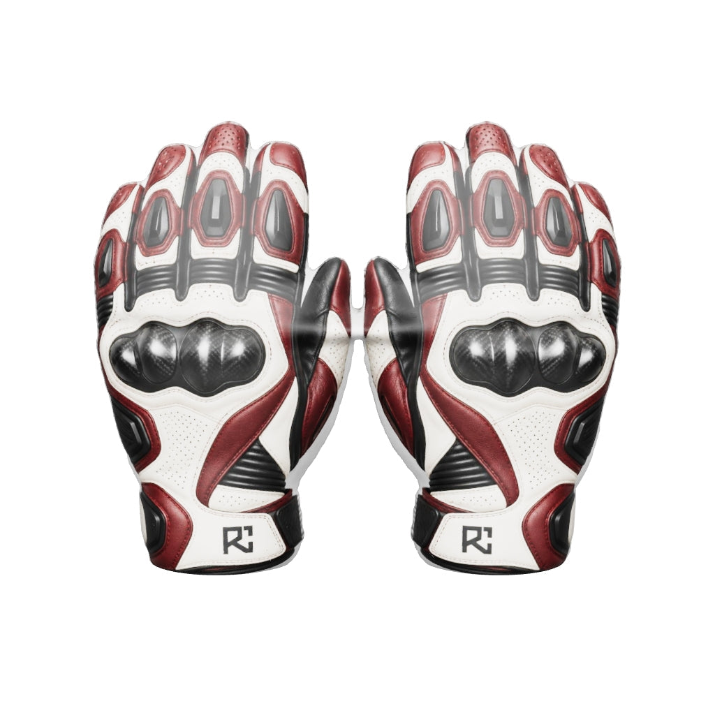 Riz Core Corsa motorcycle gloves — improved approximate 3D design preview (v2), not a fit model
