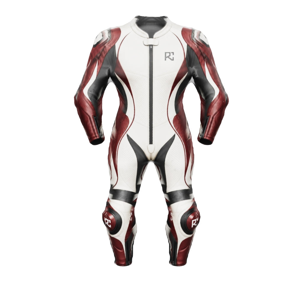 Riz Core Corsa motorcycle suit — improved approximate 3D design preview (v2), not a fit model
