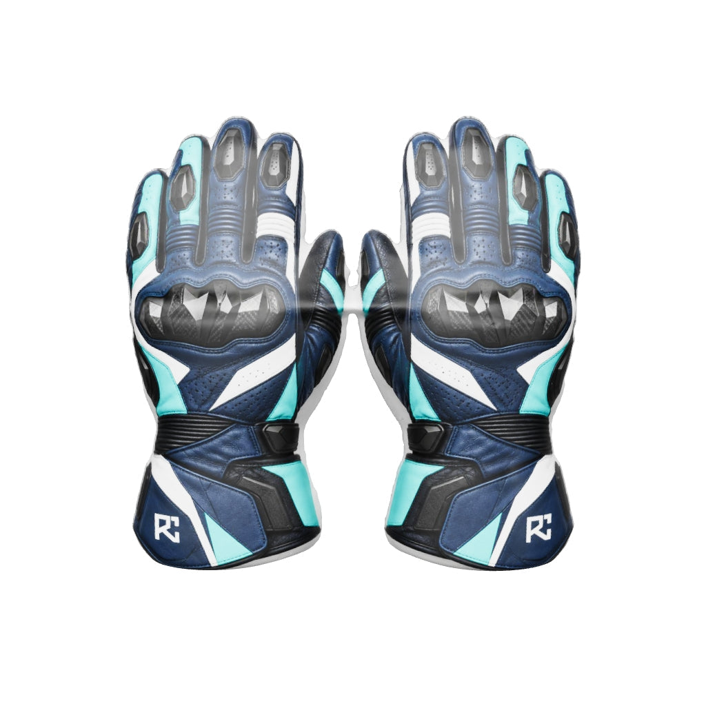 Riz Core Vector motorcycle gloves — improved approximate 3D design preview (v2), not a fit model