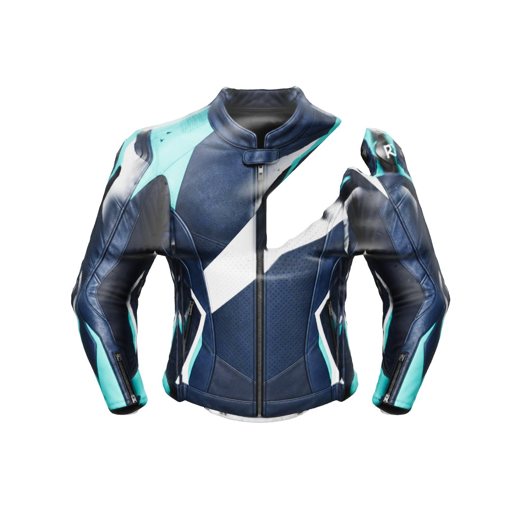 Riz Core Vector motorcycle jacket — improved approximate 3D design preview (v2), not a fit model