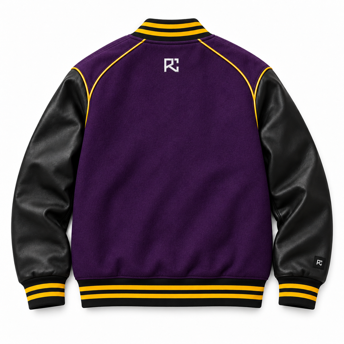 Back design preview of the Riz Core Violet Amber varsity jacket in purple and black