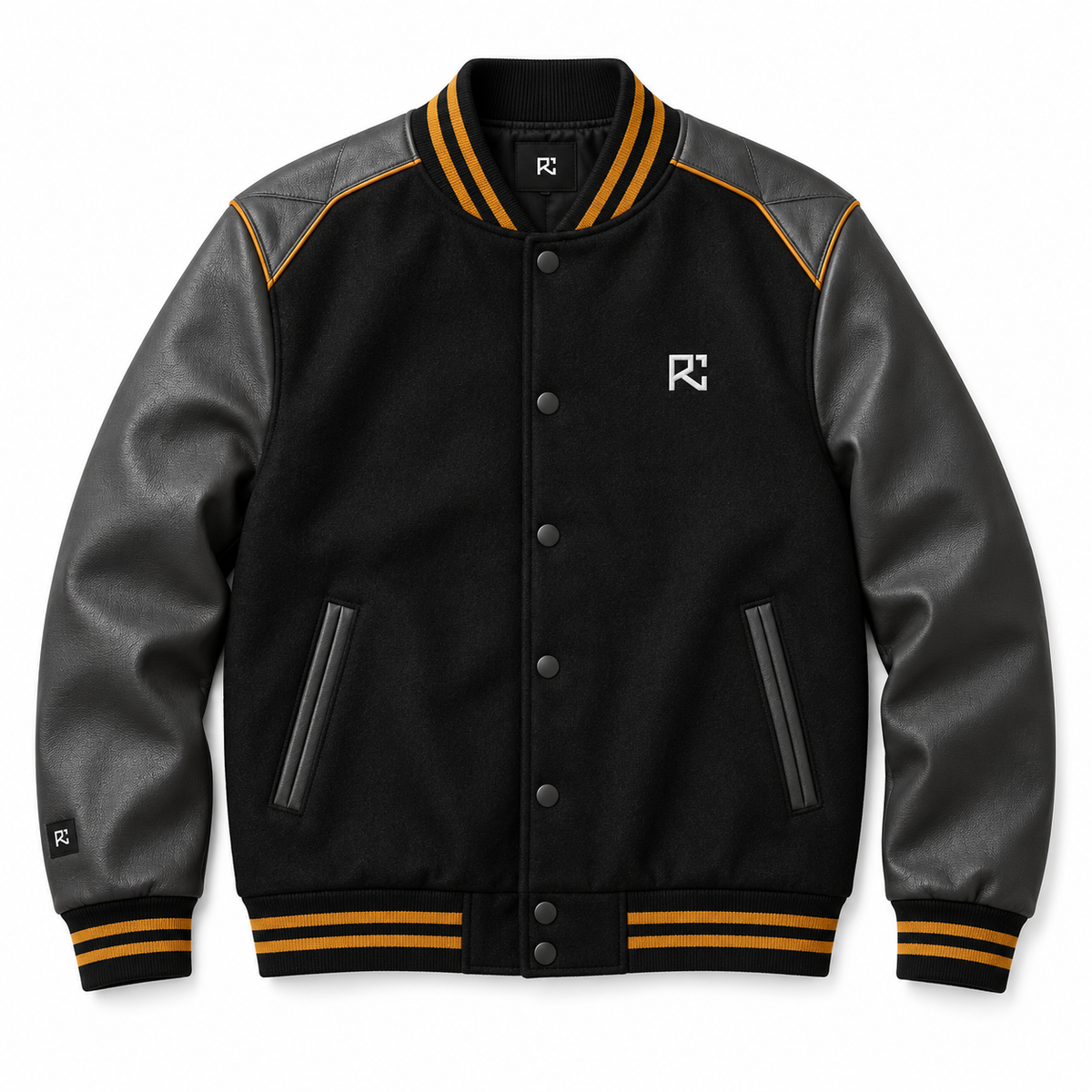 Front design preview of the Riz Core Midnight Ochre varsity jacket in black and graphite