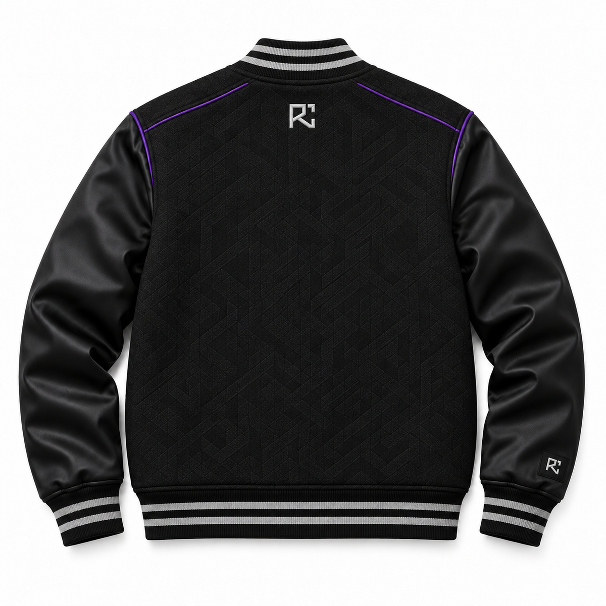 Back design preview of the Riz Core Violet Noir varsity jacket in black and violet
