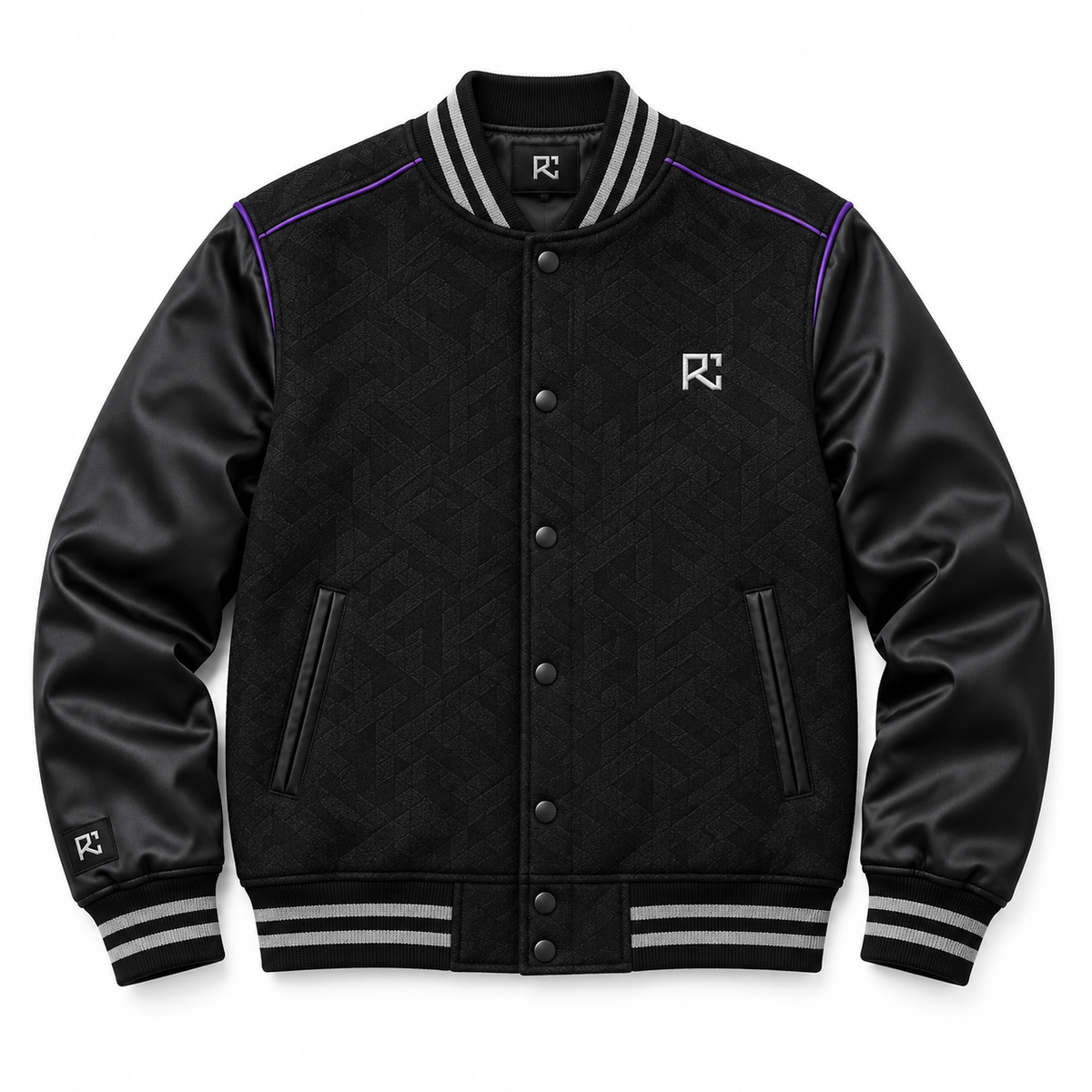 Front design preview of the Riz Core Violet Noir varsity jacket in black and violet