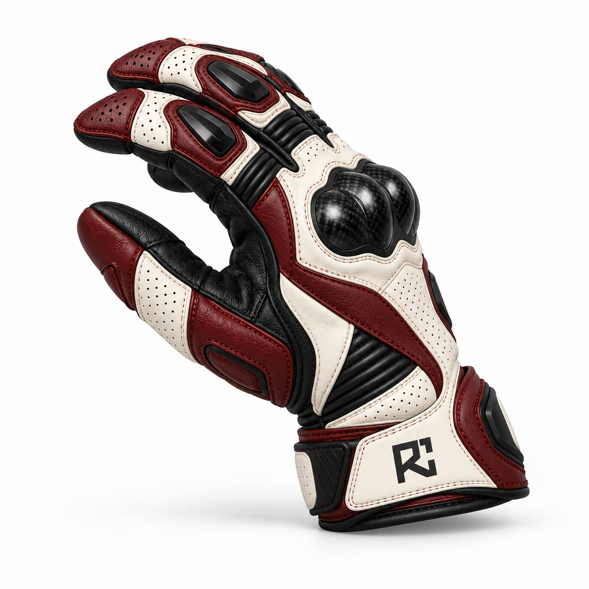 Riz Core Corsa motorcycle gloves in Pearl & Burgundy, side design preview