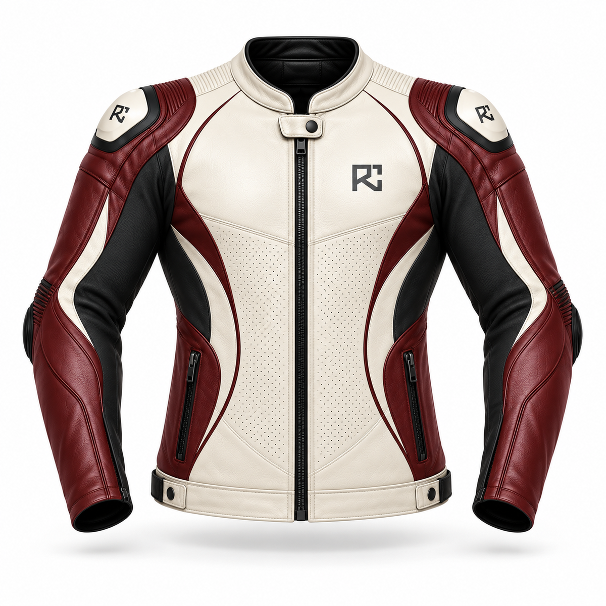 Riz Core Corsa motorcycle jacket in Pearl & Burgundy, front design preview
