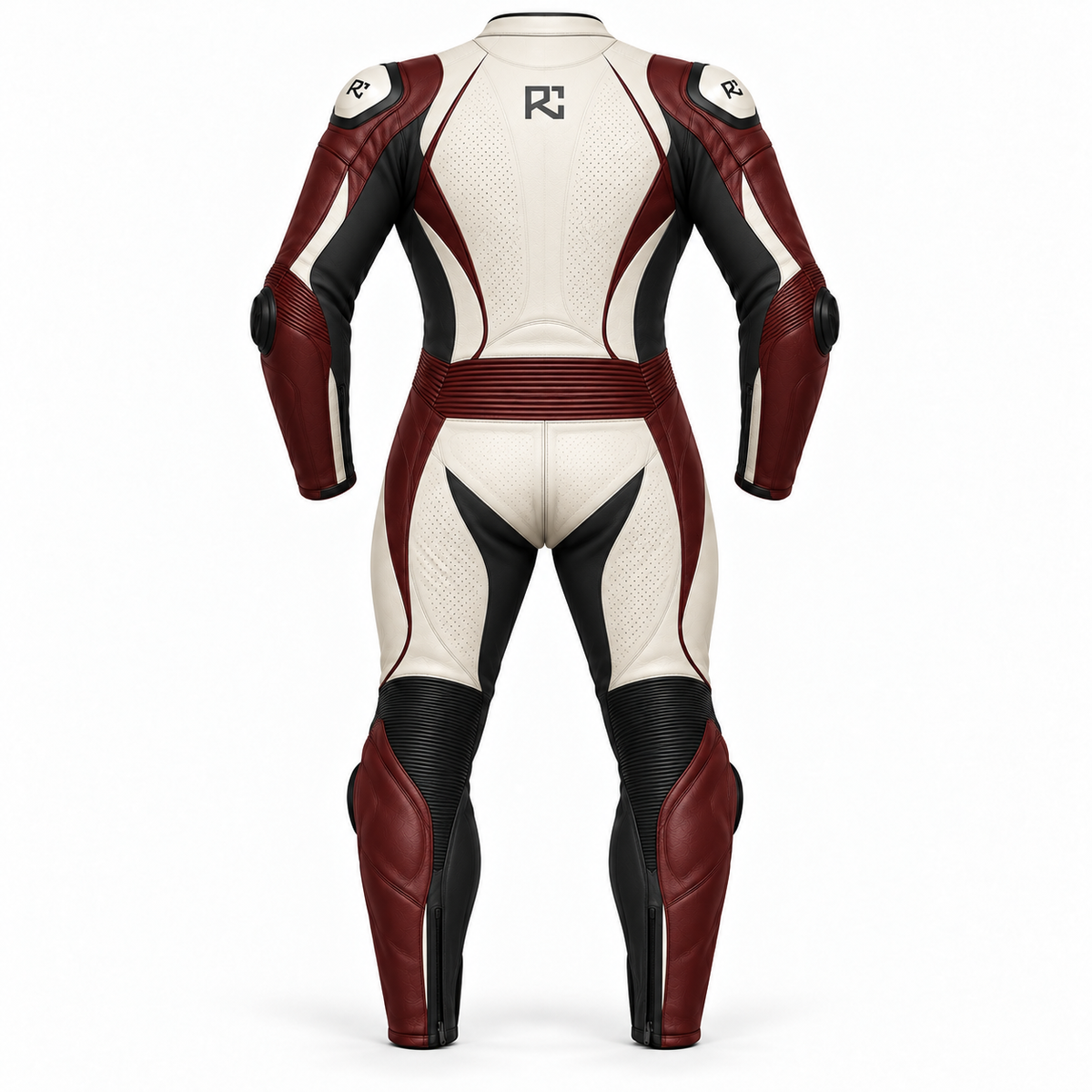 Riz Core Corsa motorcycle suit in Pearl & Burgundy, back design preview