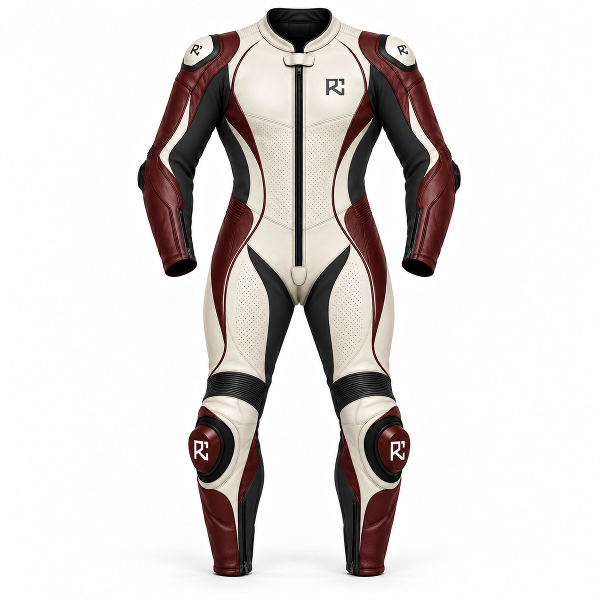 Riz Core Corsa motorcycle suit in Pearl & Burgundy, front design preview
