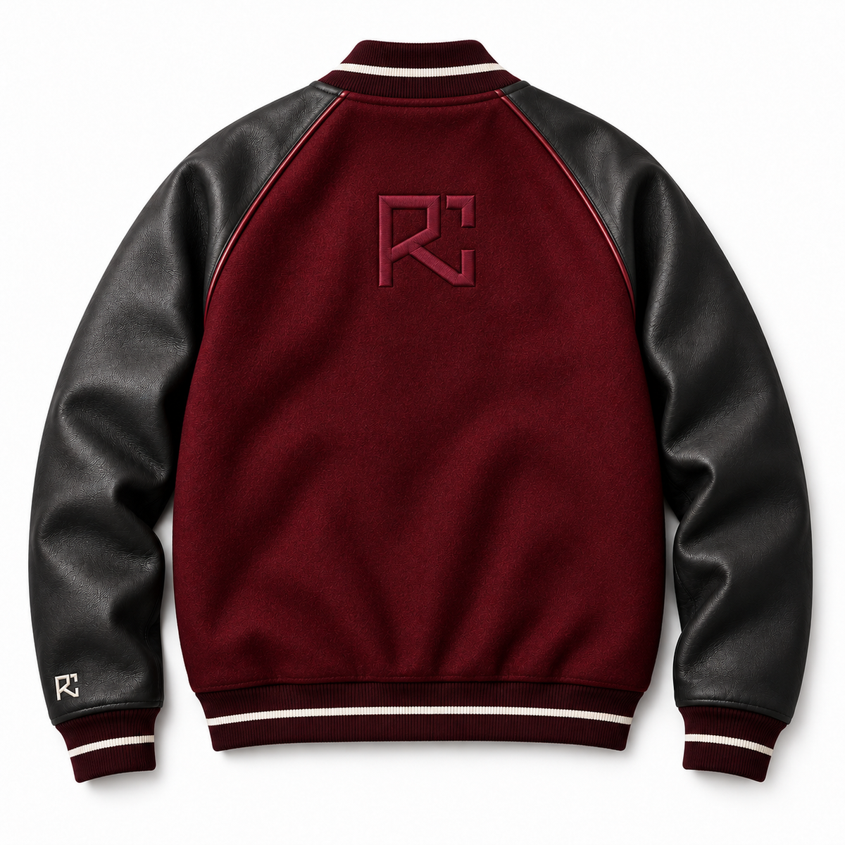 Back design preview of Crimson Atelier burgundy varsity jacket with tonal RC embroidery and charcoal sleeves