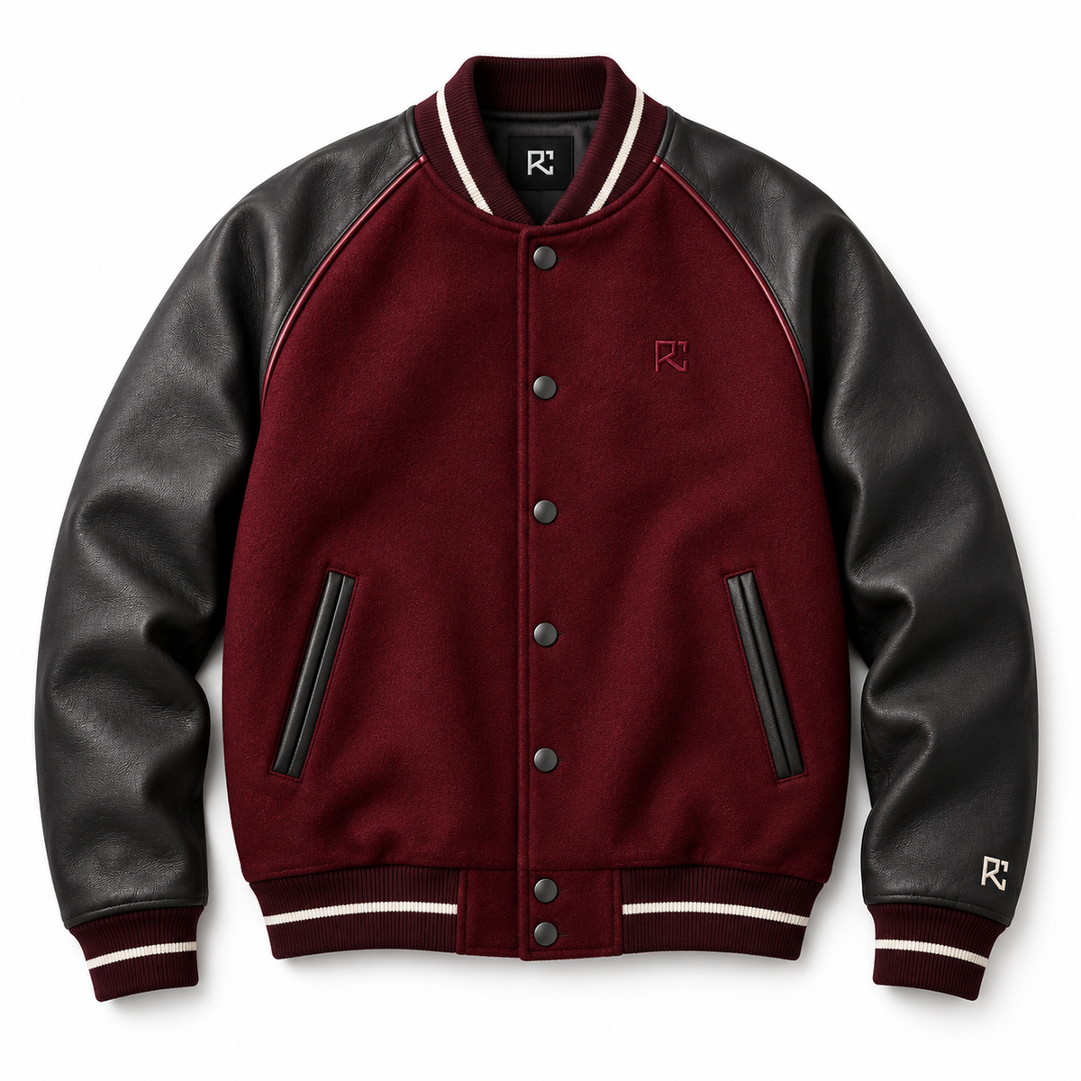 Front design preview of Riz Core Crimson Atelier burgundy varsity jacket with charcoal sleeves and ivory trim