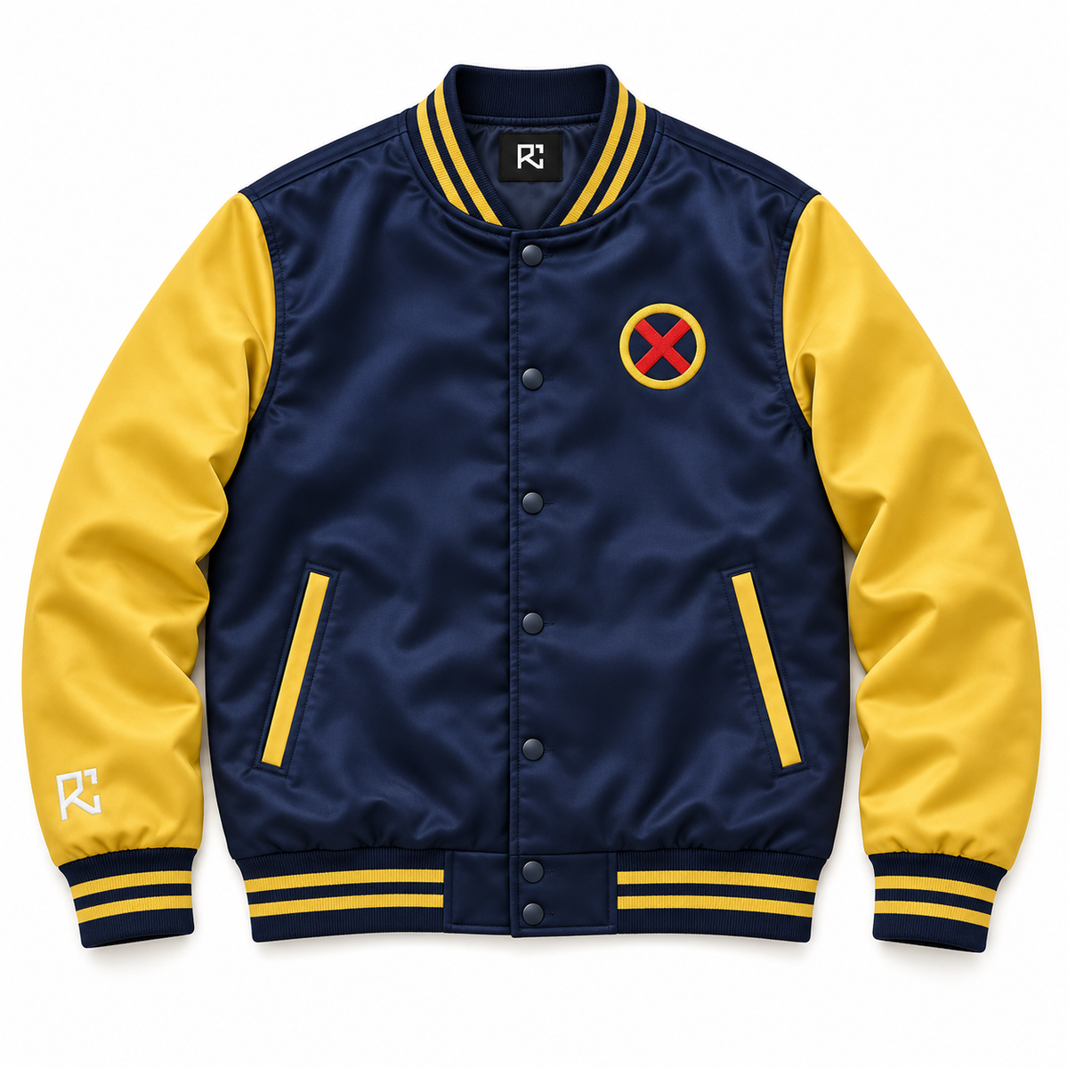 Front design preview of the Riz Core Sunbeam varsity jacket in navy and yellow