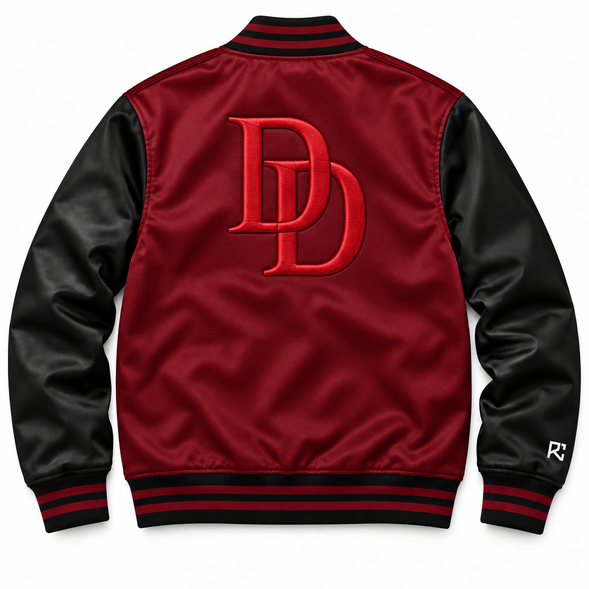 Back design preview of the Riz Core Garnet Guard varsity jacket in burgundy and black