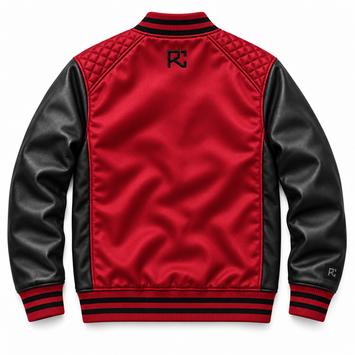 Back design preview of the Riz Core Crimson Quilt varsity jacket in crimson and black
