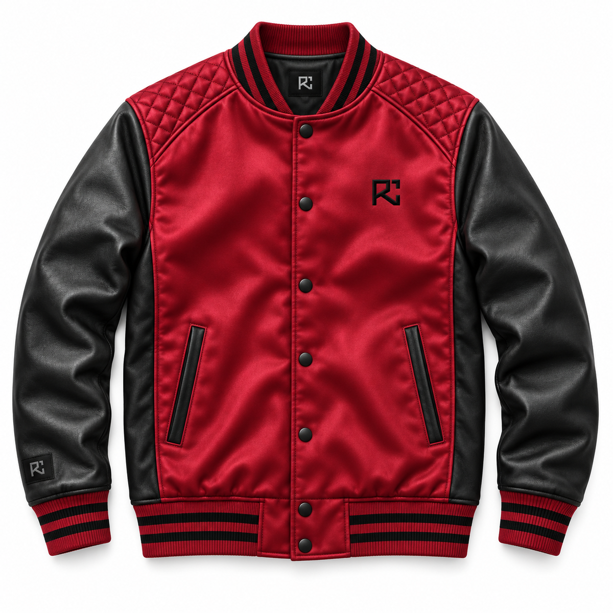Front design preview of the Riz Core Crimson Quilt varsity jacket in crimson and black
