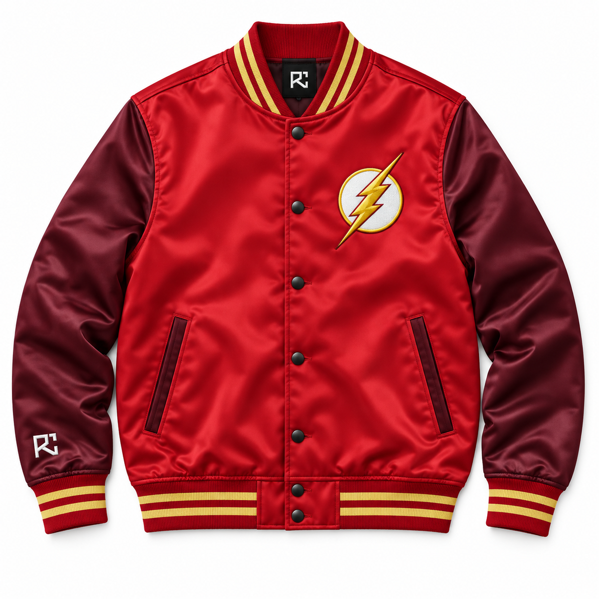 Front design preview of the Riz Core Voltline varsity jacket in red and burgundy