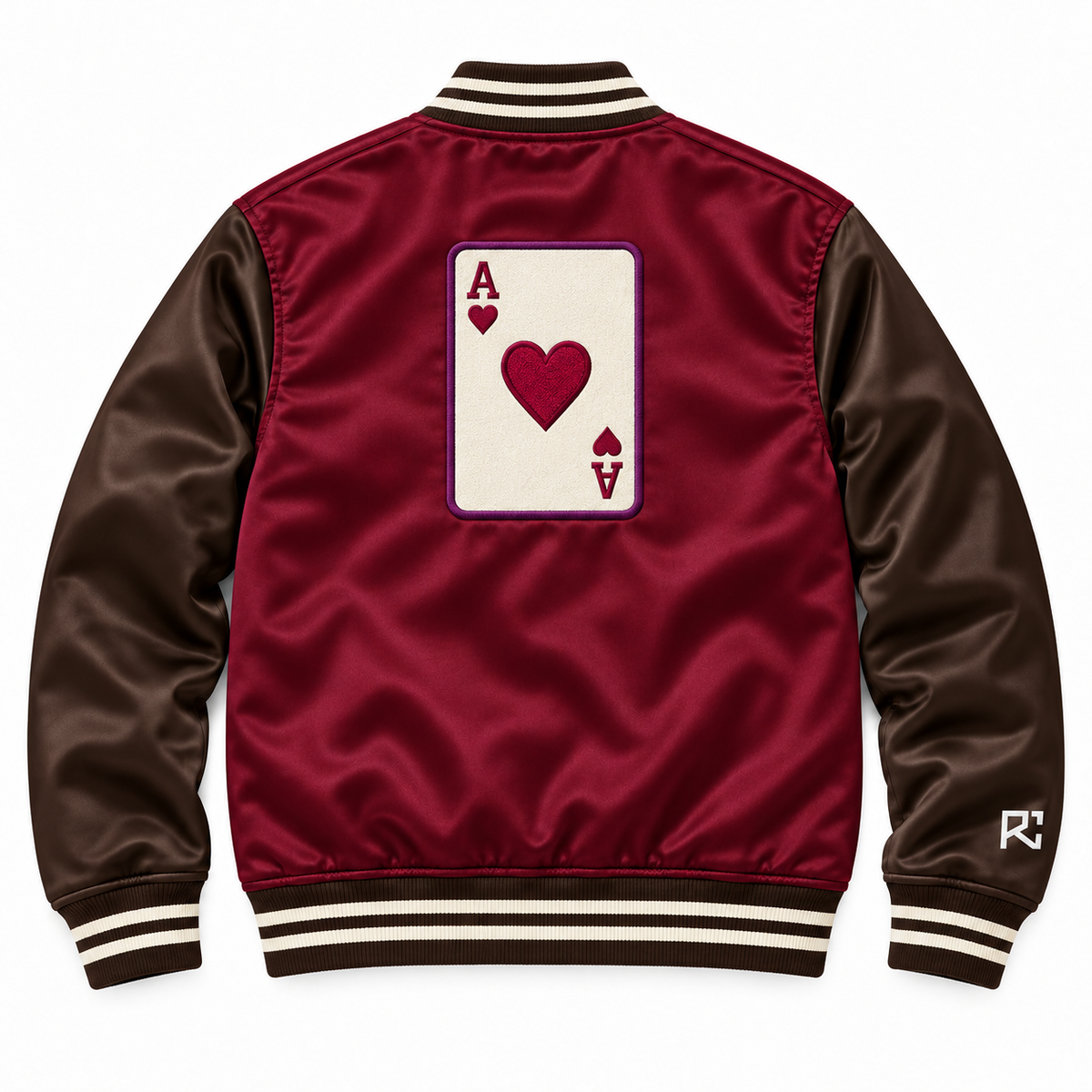 Back design preview of the Riz Core Ace of Hearts varsity jacket in burgundy and brown