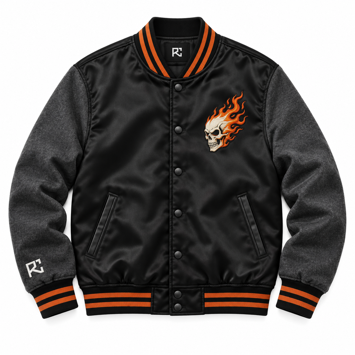 Front design preview of the Riz Core Ember Skull varsity jacket in black and orange