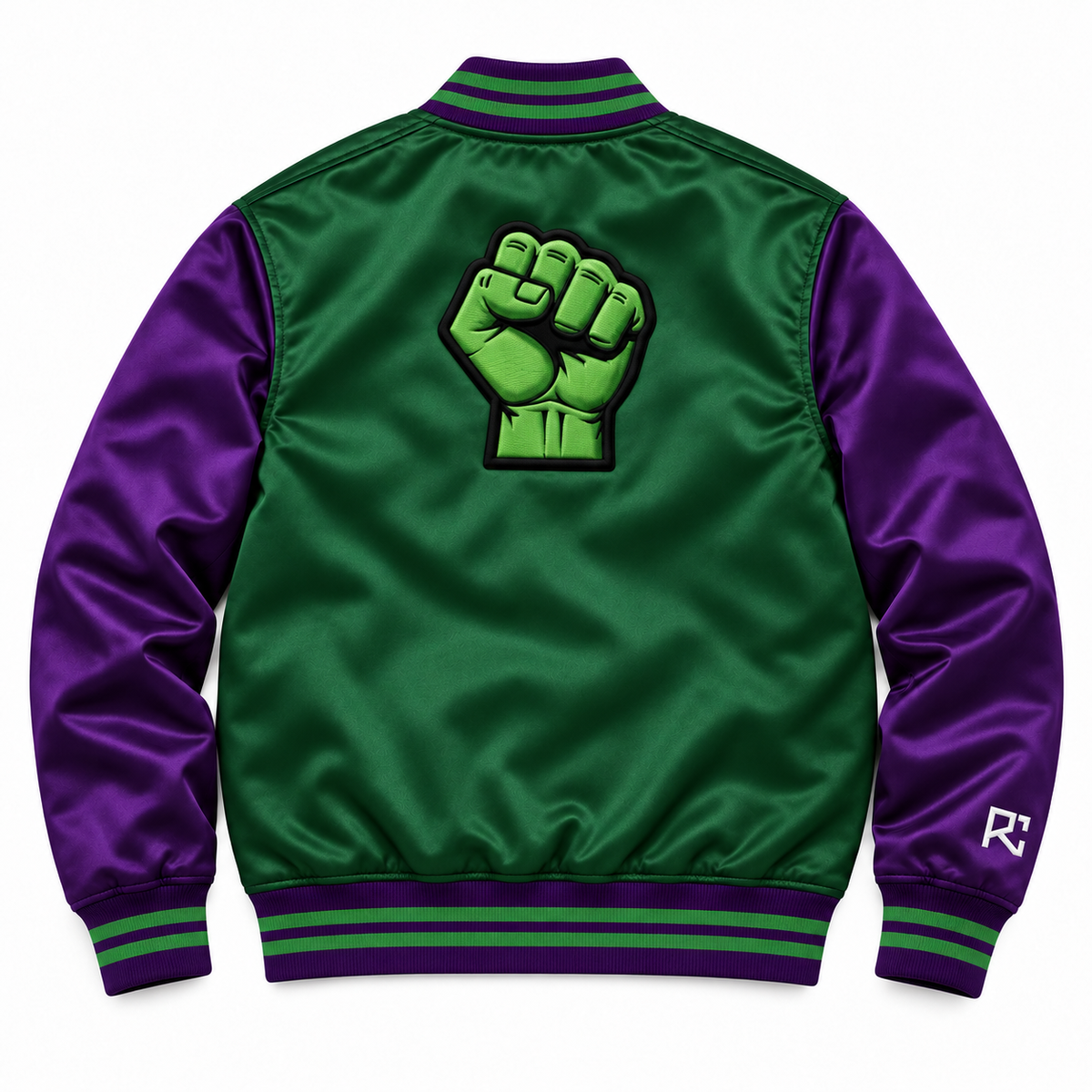 Back design preview of the Riz Core Jade Fist varsity jacket in green and purple