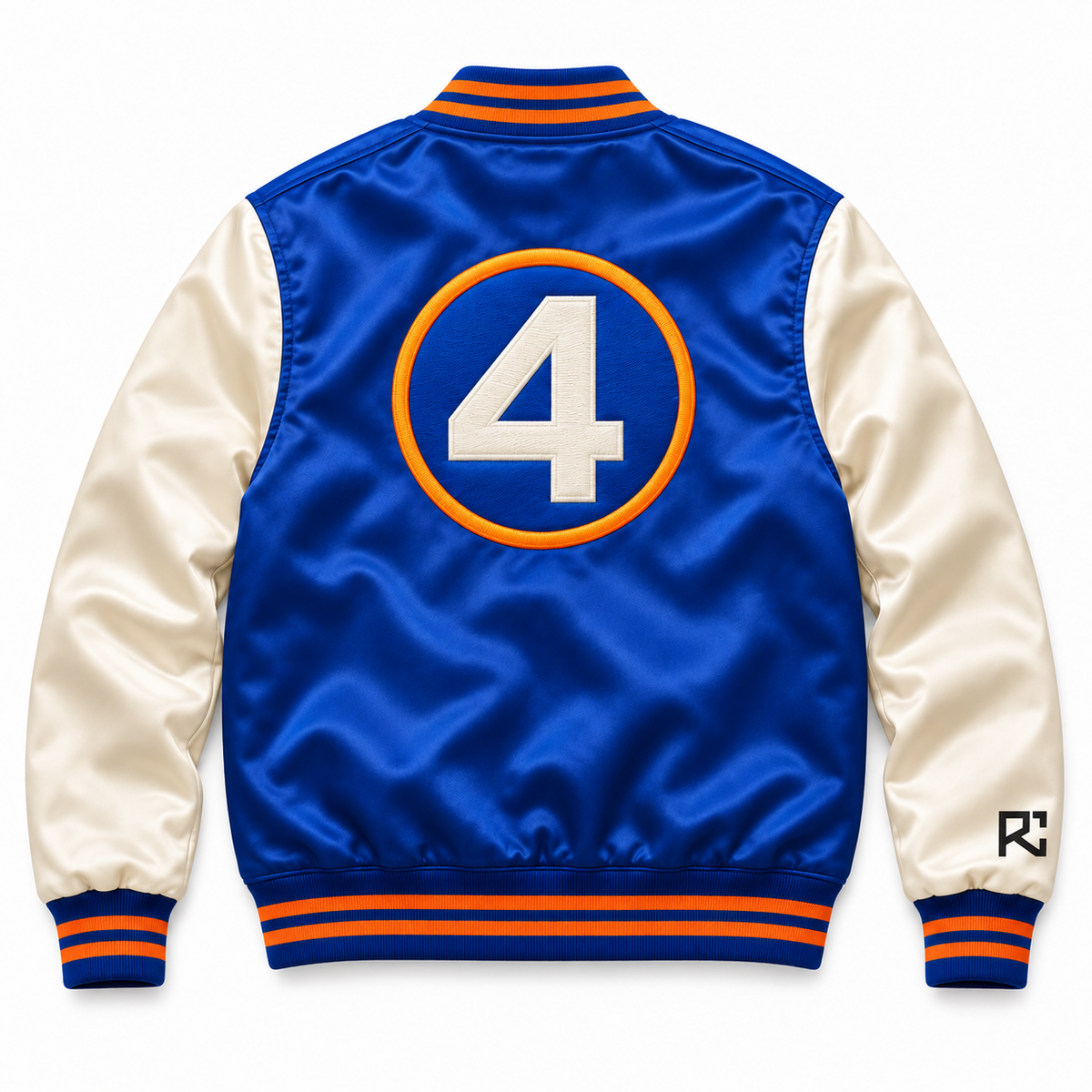 Back design preview of the Riz Core Royal Ember varsity jacket in blue and ivory
