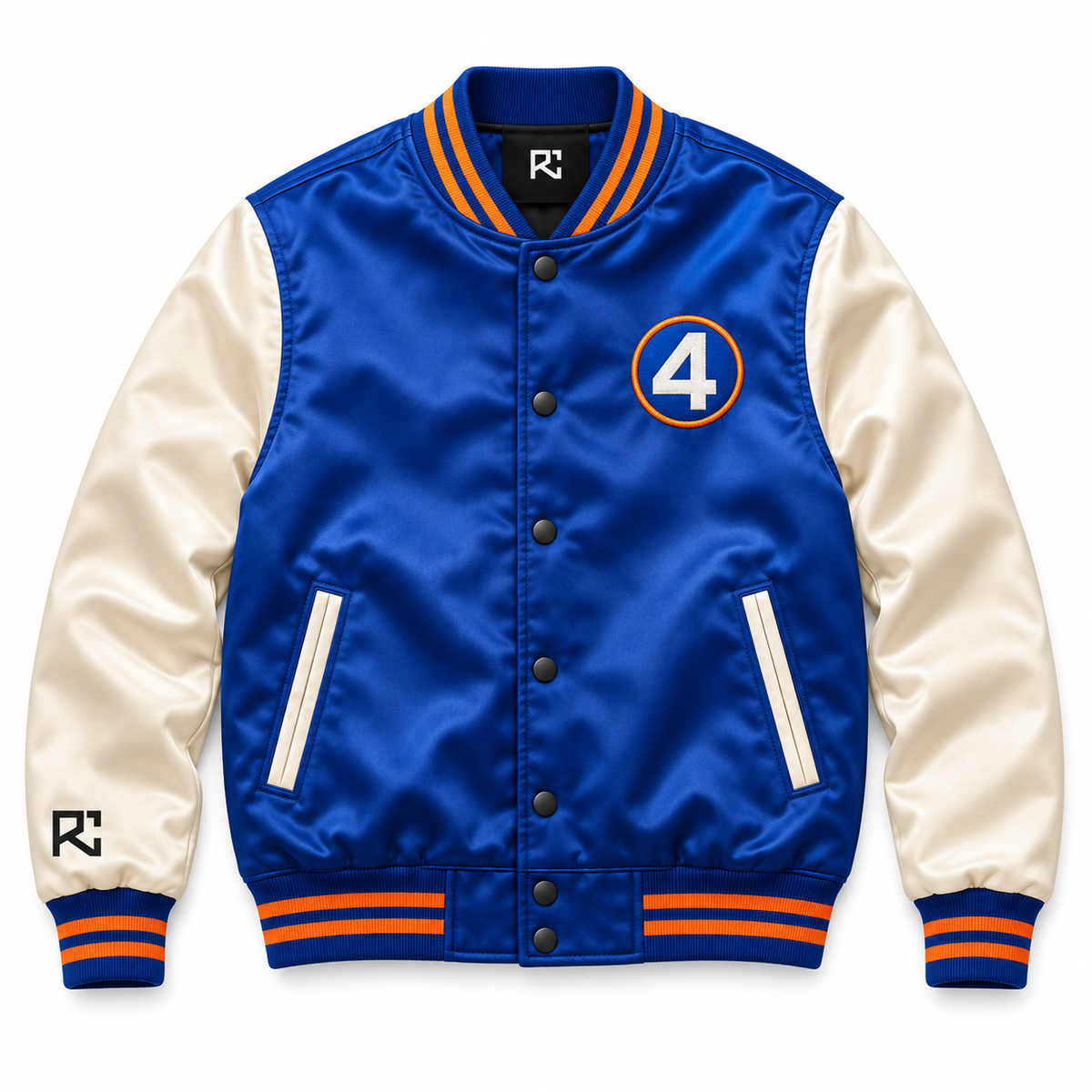 Front design preview of the Riz Core Royal Ember varsity jacket in blue and ivory