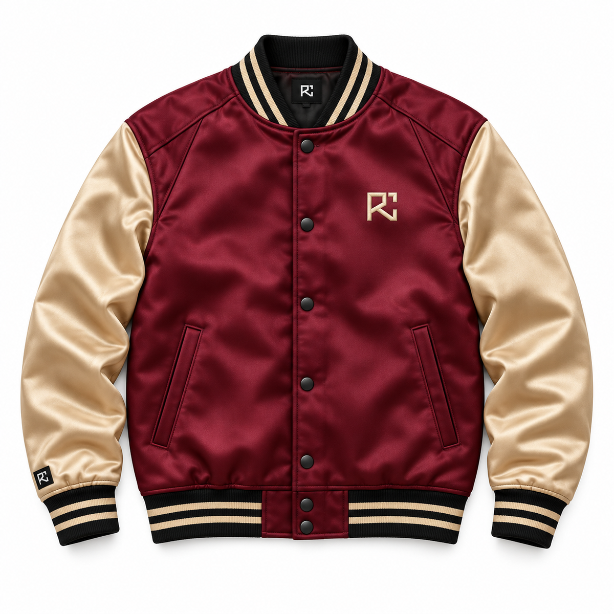 Front design preview of the Riz Core Champagne Forge varsity jacket in burgundy and gold