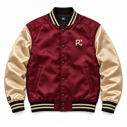 Front design preview of the Riz Core Champagne Forge varsity jacket in burgundy and gold