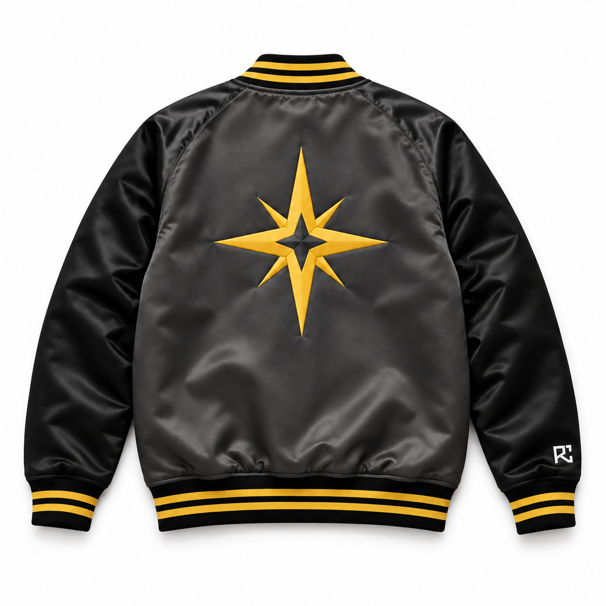 Back design preview of Riz Core Midnight Hero varsity jacket with yellow compass emblem and RC sleeve monogram