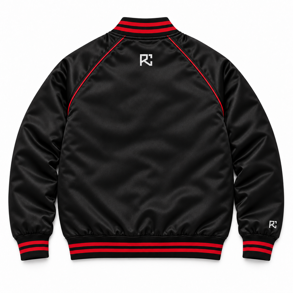 Back design preview of the Riz Core Redline Noir varsity jacket in black and red