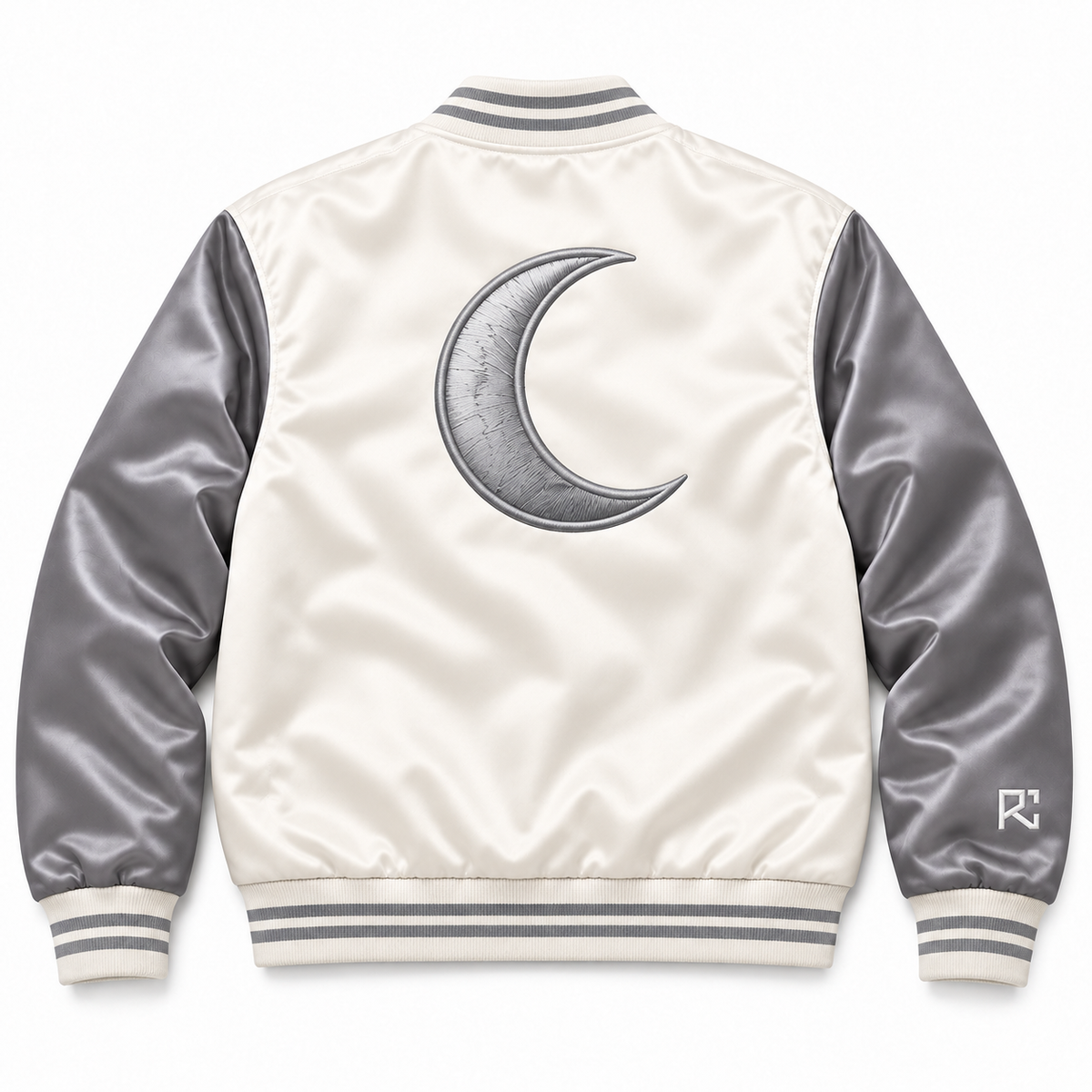 Back design preview of the Riz Core Lunar Crescent varsity jacket in ivory and silver