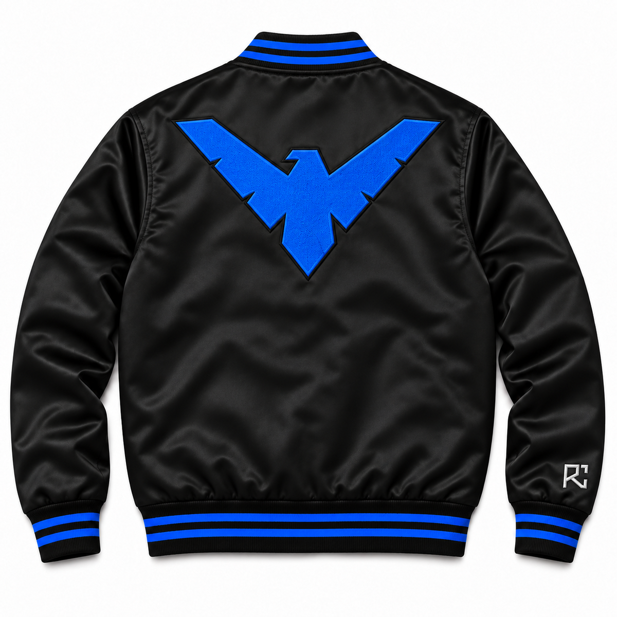 Back design preview of the Riz Core Azure Wing varsity jacket in black and blue