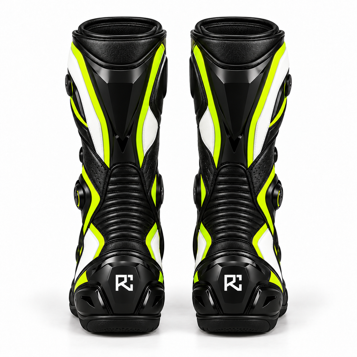 Riz Core Pulse motorcycle boots in Black, Lime & White, back design preview