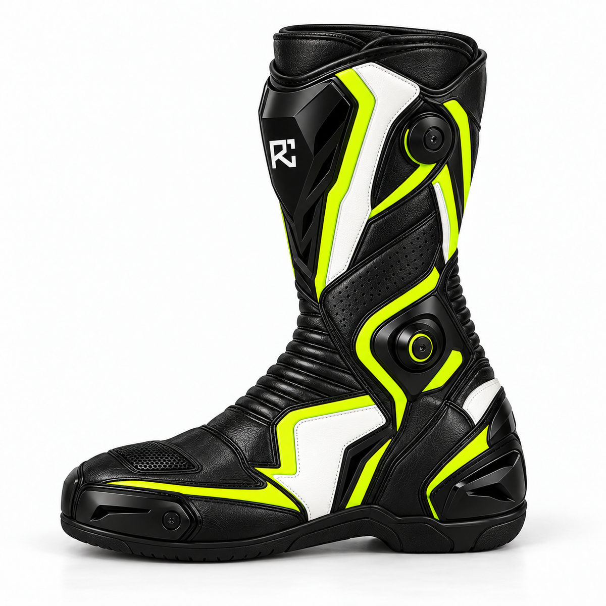 Riz Core Pulse motorcycle boots in Black, Lime & White, side design preview
