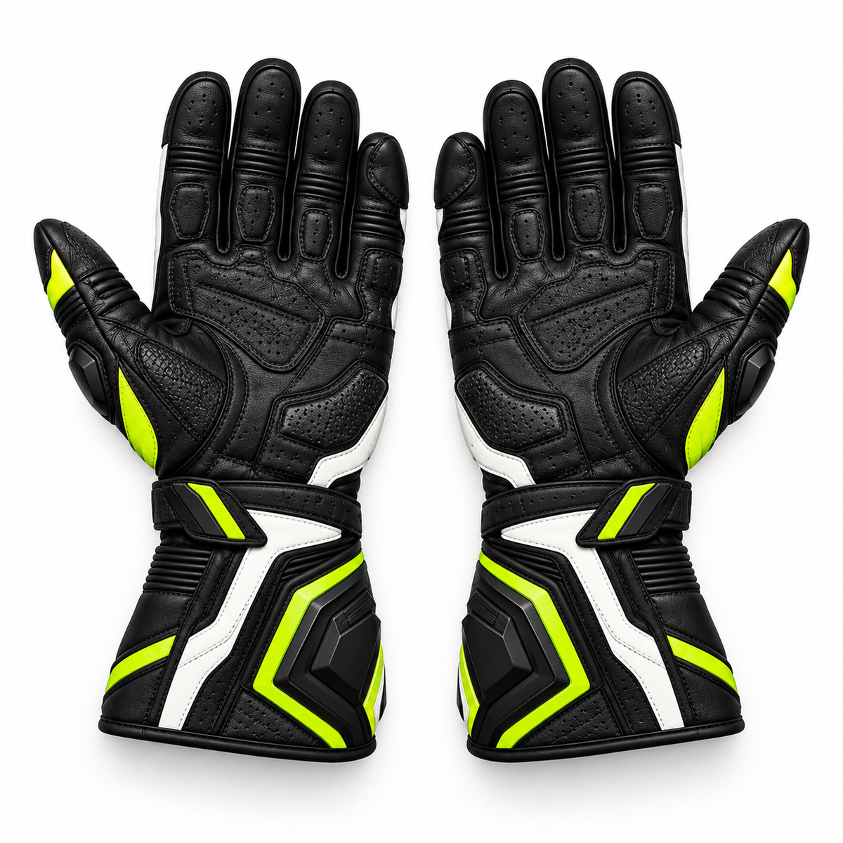 Riz Core Pulse motorcycle gloves in Black, Lime & White, palm design preview