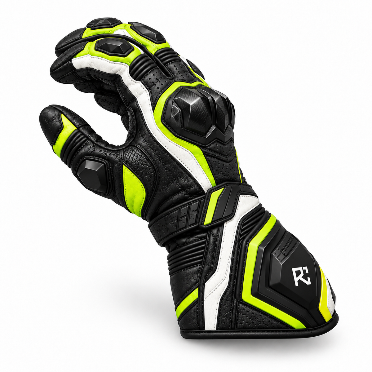 Riz Core Pulse motorcycle gloves in Black, Lime & White, side design preview