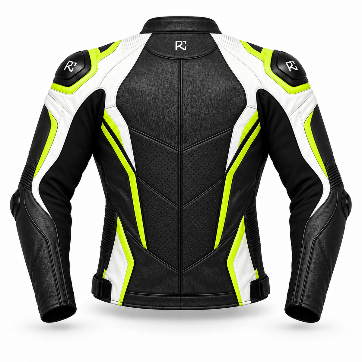 Riz Core Pulse motorcycle jacket in Black, Lime & White, back design preview