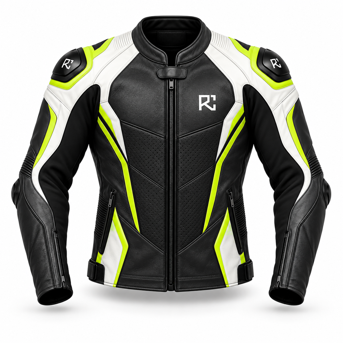 Riz Core Pulse motorcycle jacket in Black, Lime & White, front design preview