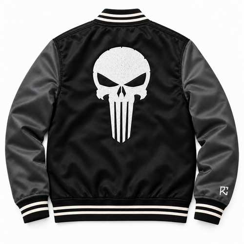 Back design preview of the Riz Core Ashen Skull varsity jacket in black and charcoal