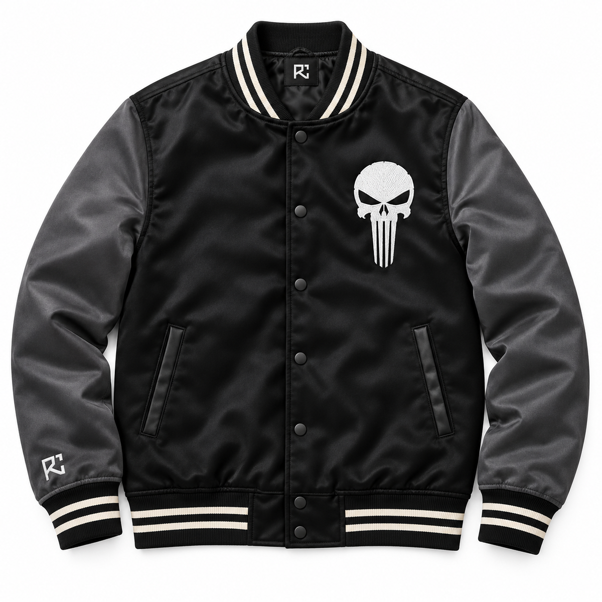 Front design preview of the Riz Core Ashen Skull varsity jacket in black and charcoal