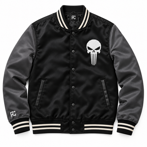 Front design preview of the Riz Core Ashen Skull varsity jacket in black and charcoal