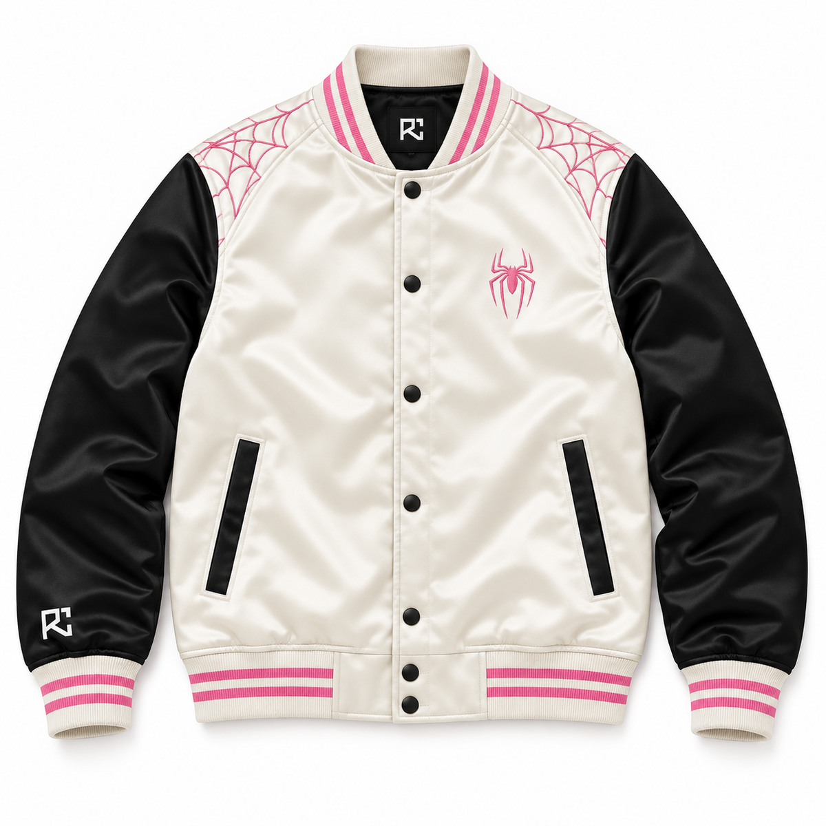 Front design preview of the Riz Core Blush Web varsity jacket in ivory and pink