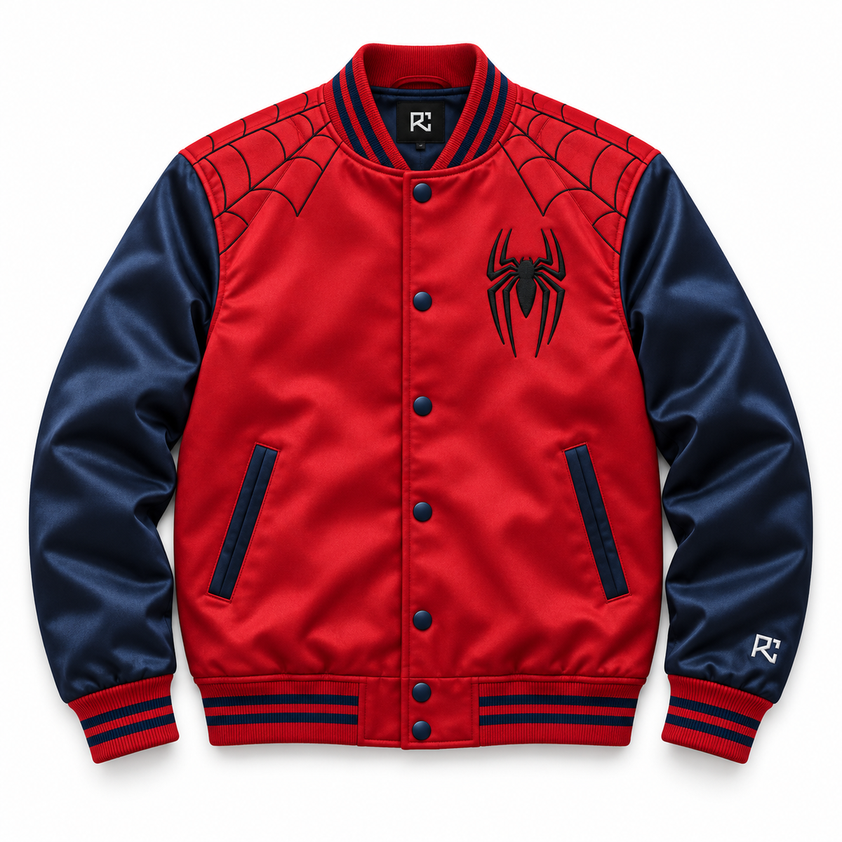 Front design preview of the Riz Core Redline Web varsity jacket in red and navy