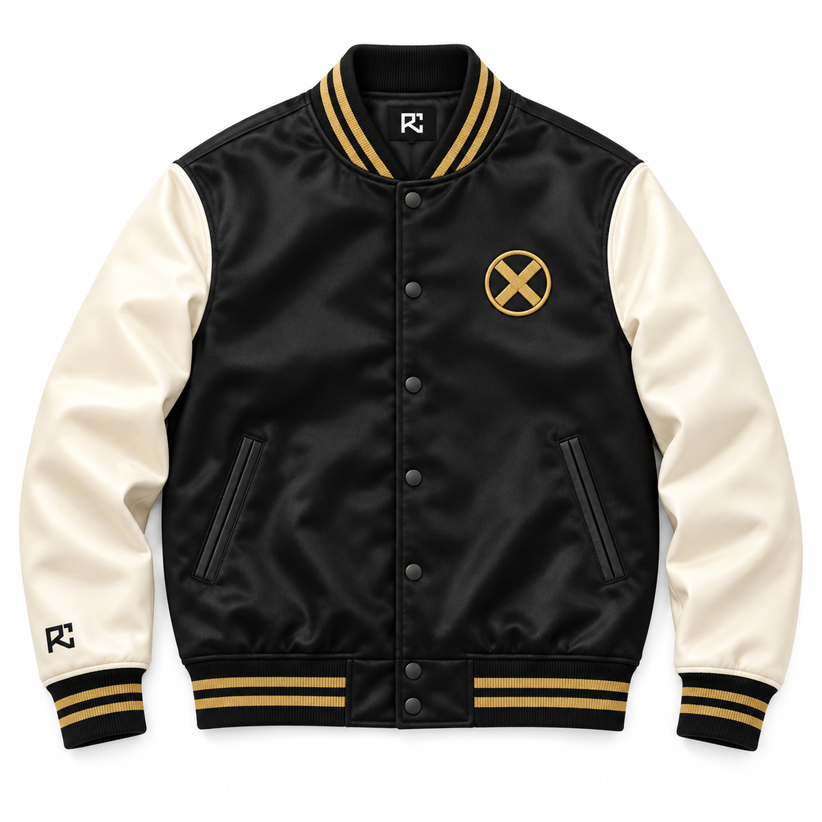 Front design preview of the Riz Core Gilded Cross varsity jacket in black and ivory