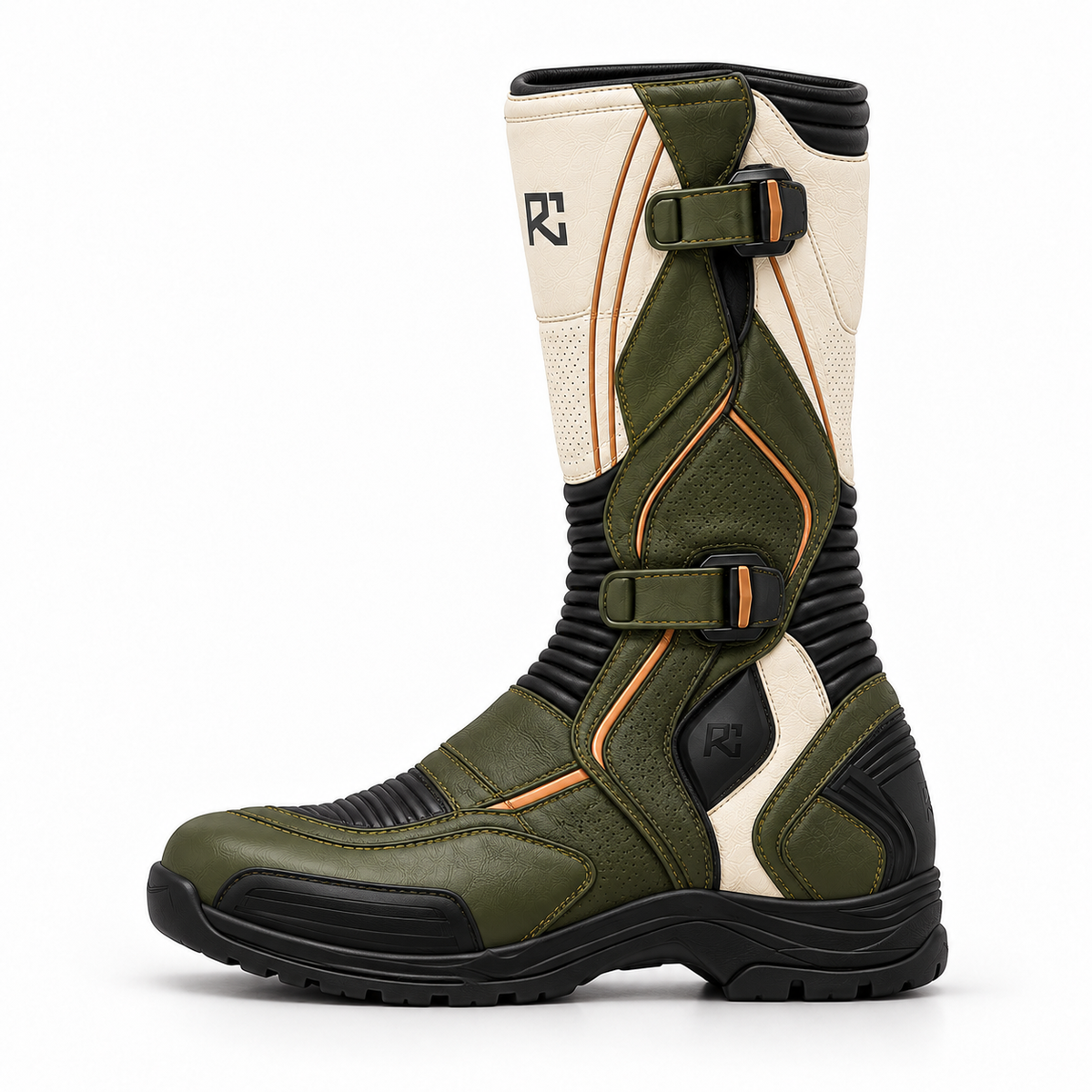 Riz Core Strada motorcycle boots in Ivory & Olive, side design preview