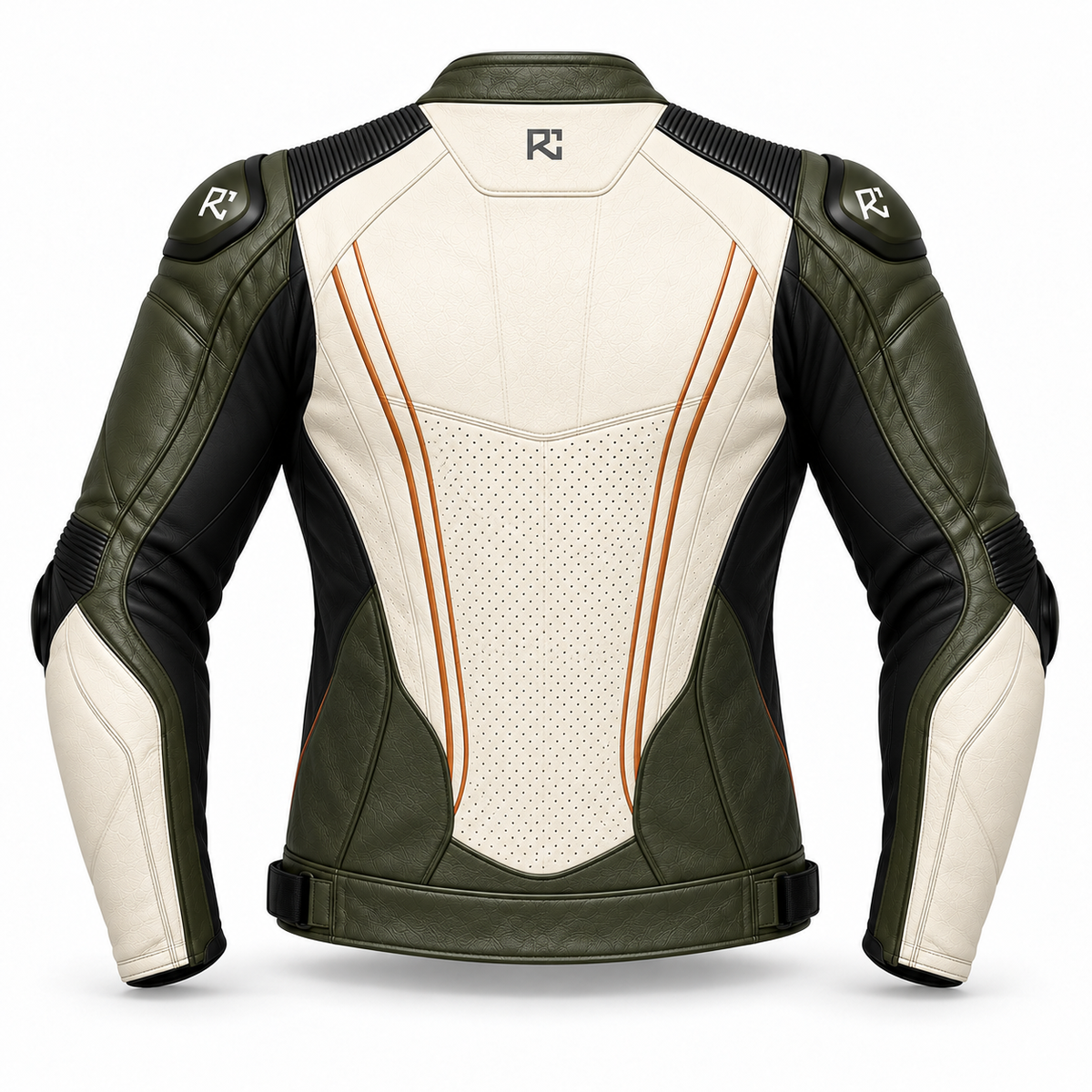 Riz Core Strada motorcycle jacket in Ivory & Olive, back design preview