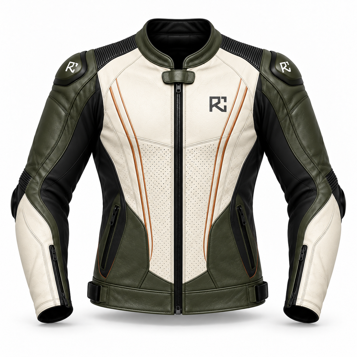 Riz Core Strada motorcycle jacket in Ivory & Olive, front design preview