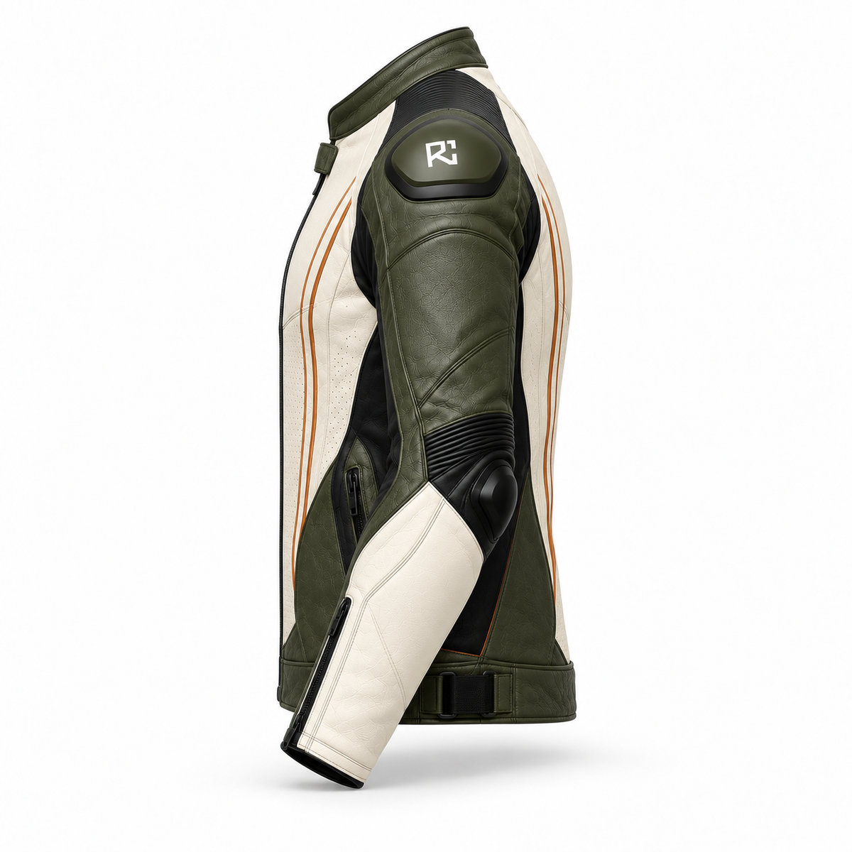 Riz Core Strada motorcycle jacket in Ivory & Olive, side design preview