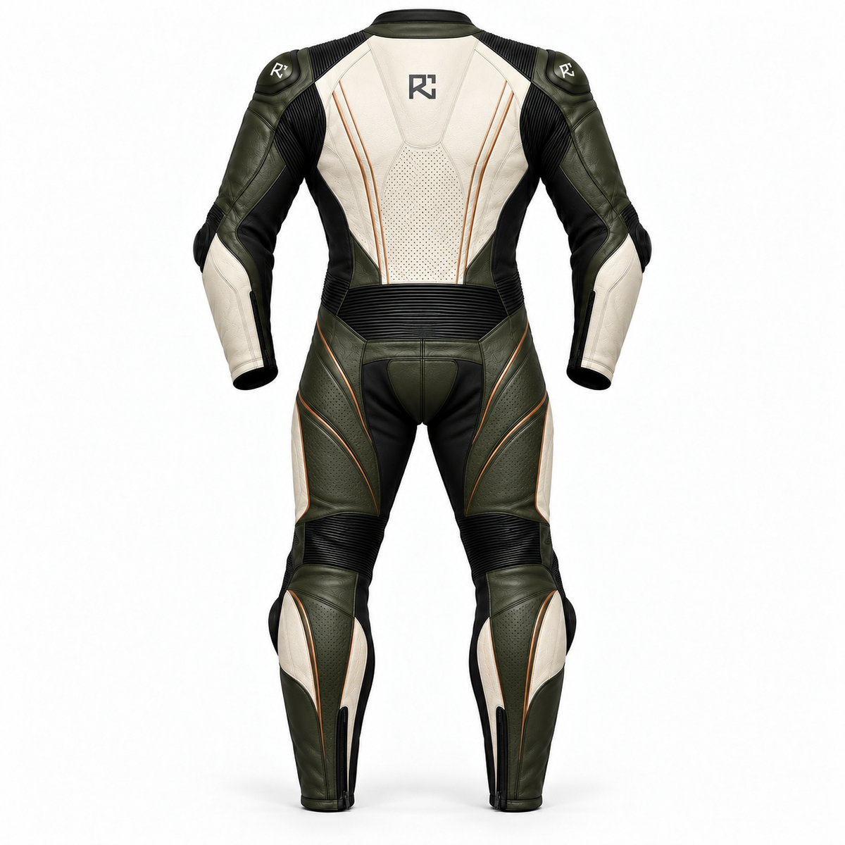 Riz Core Strada motorcycle suit in Ivory & Olive, back design preview