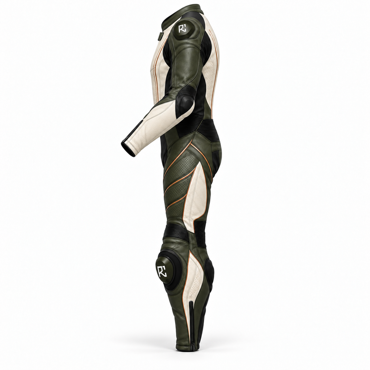Riz Core Strada motorcycle suit in Ivory & Olive, side design preview