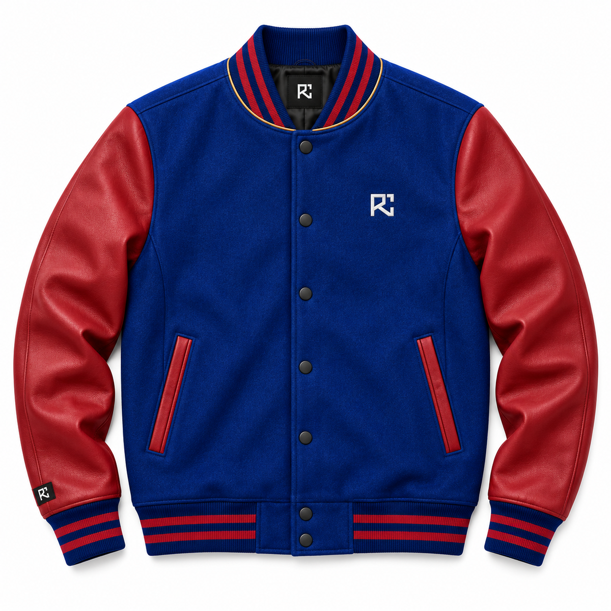 Front design preview of the Riz Core Cobalt Crimson varsity jacket in blue and crimson